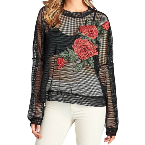 Sweaters - (Small) Floral Rose Patch Fishnet Sweater